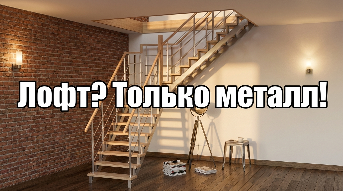 Лестница в лофтовом интерьере с металлокаркасом