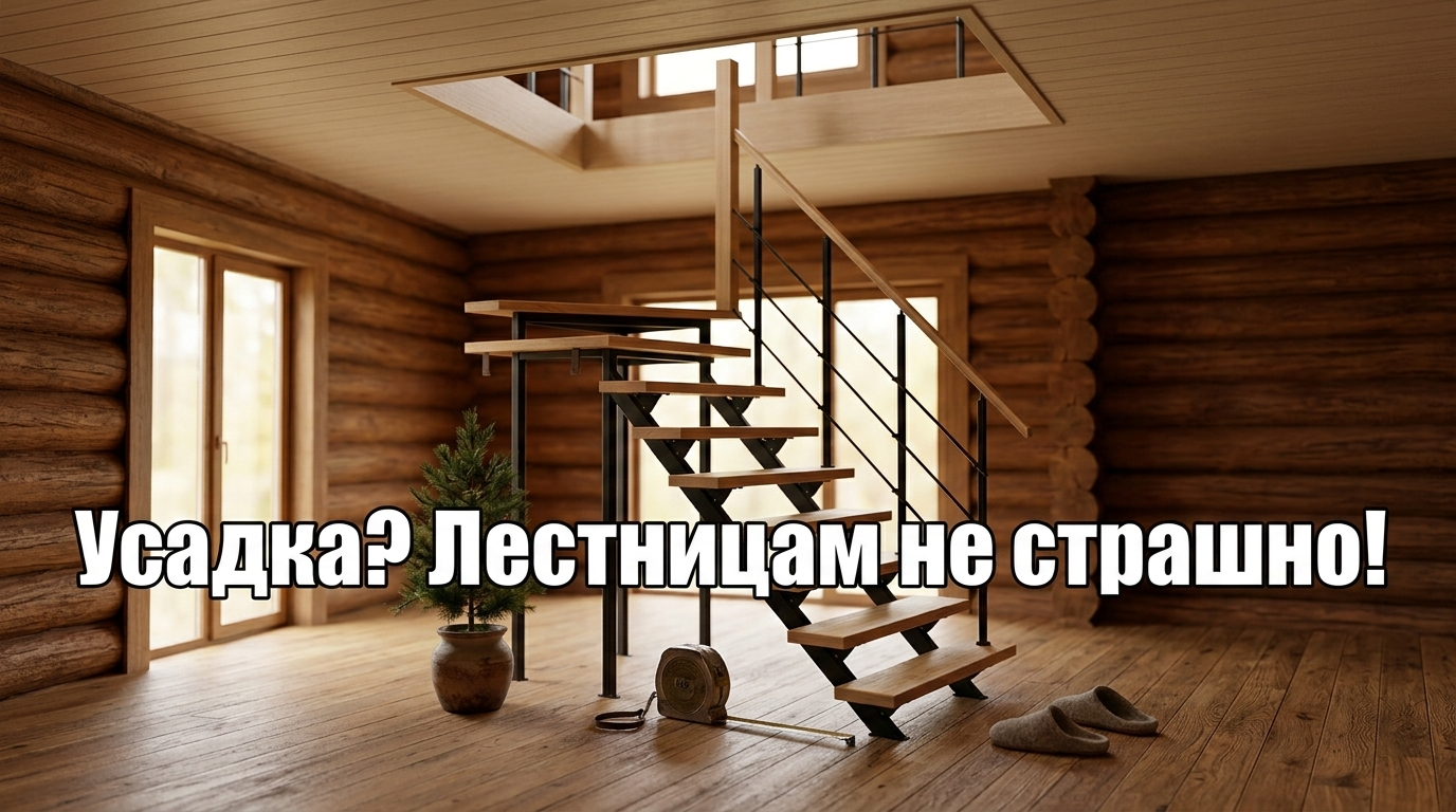 Лестница в деревянном доме, советы по предотвращению проблем при усадке сруба