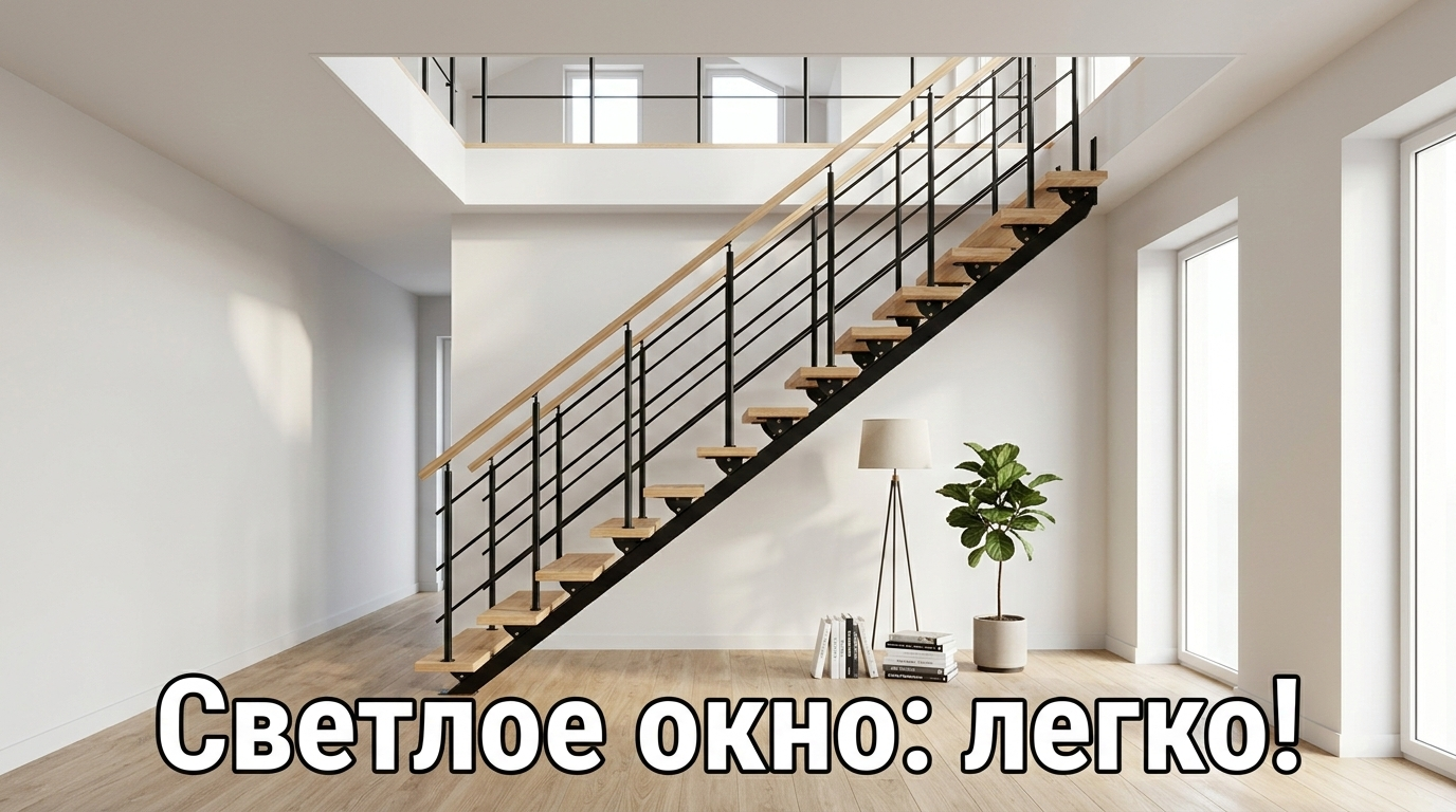 Проход оконных проемов с профилем, лестница и окно без потери света
