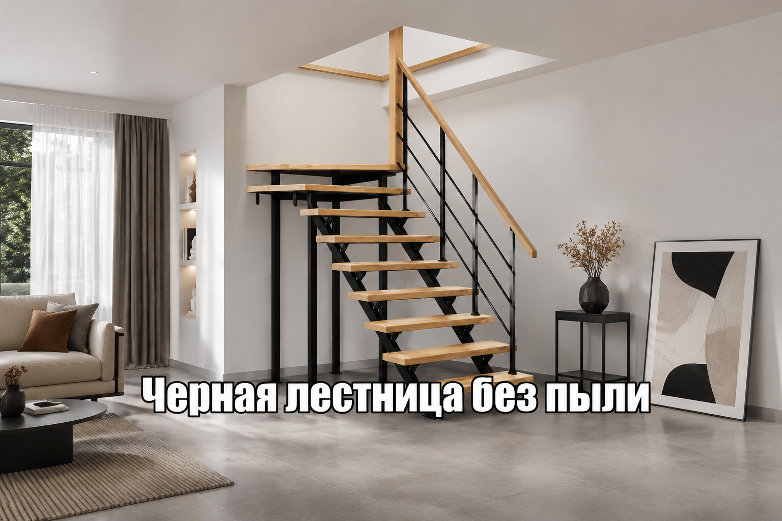 Черная лестница в интерьере с акцентом на каркас и фурнитуру Black Edition