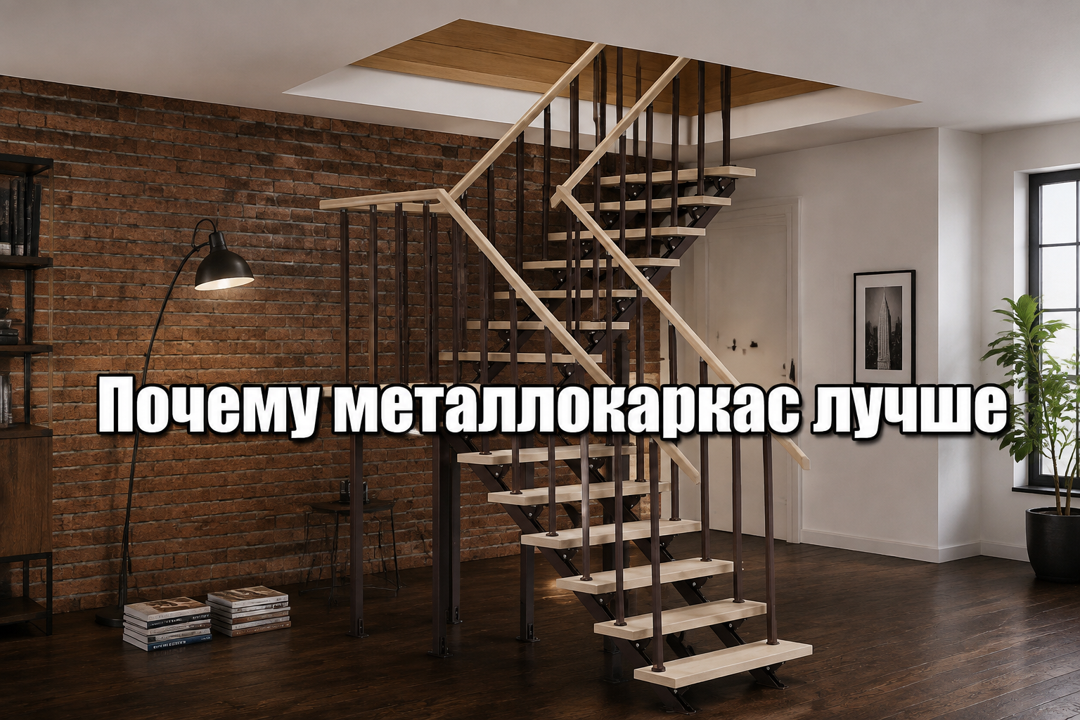 Каркас лестницы с металлическим каркасом и деревянным косоурами